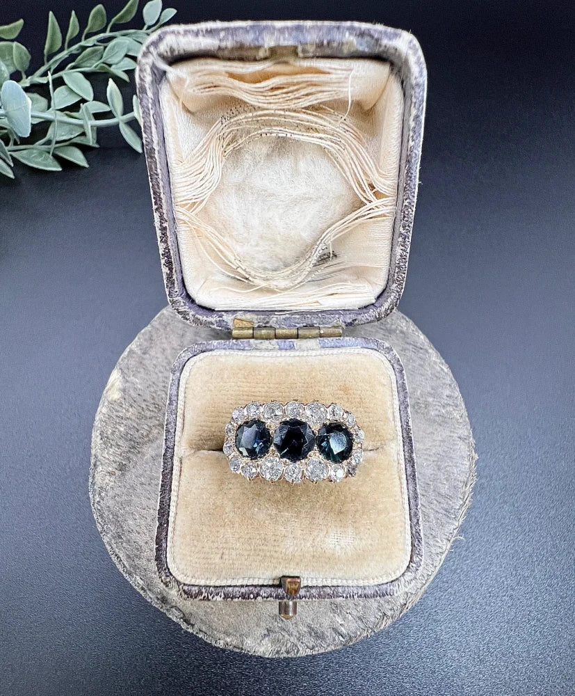 Edwardian Antique Sapphire and Diamond Triple Cluster Ring