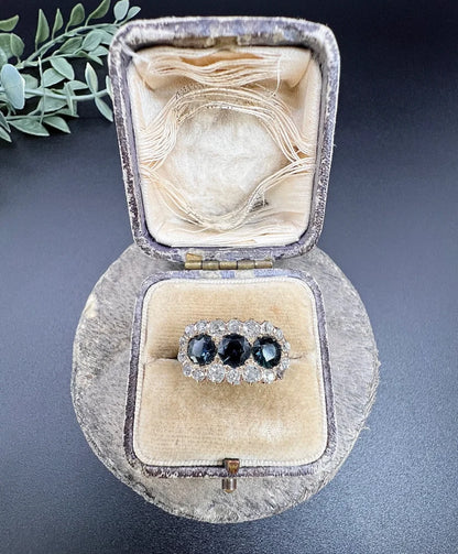 Edwardian Antique Sapphire and Diamond Triple Cluster Ring