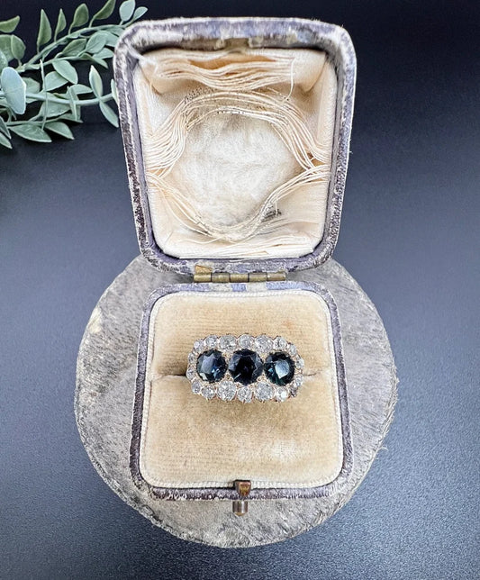Edwardian Antique Sapphire and Diamond Triple Cluster Ring