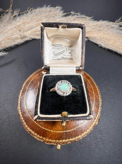 Antique 18 ct Yellow Gold, Early Victorian Opal And Diamond Halo Ring