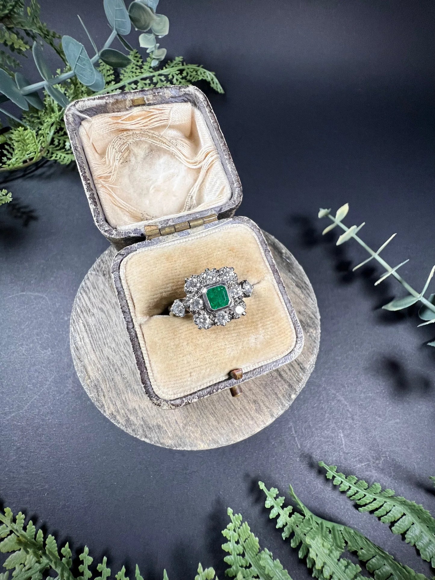 Vintage 18 Carat White Gold Emerald and Diamond Square Cluster Ring, Circa 1940