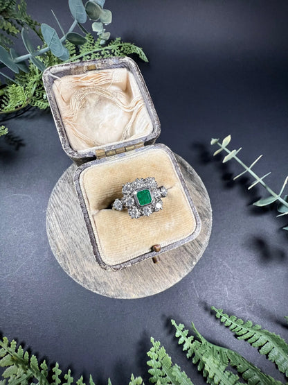 Vintage 18 Carat White Gold Emerald and Diamond Square Cluster Ring, Circa 1940