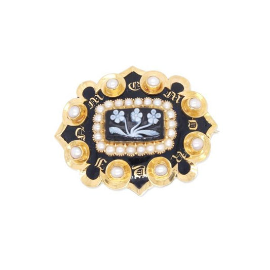 Antique Victorian Enamel and Pearl Mourning Brooch, 15ct Yellow Gold