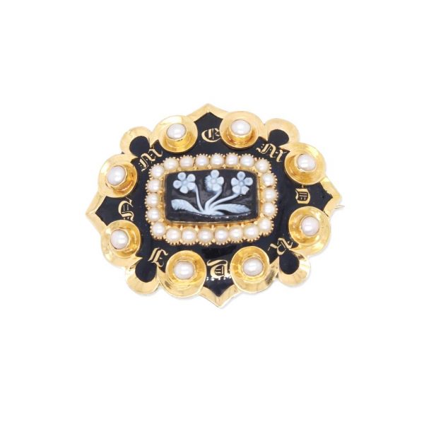 Antique Victorian Enamel and Pearl Mourning Brooch, 15ct Yellow Gold