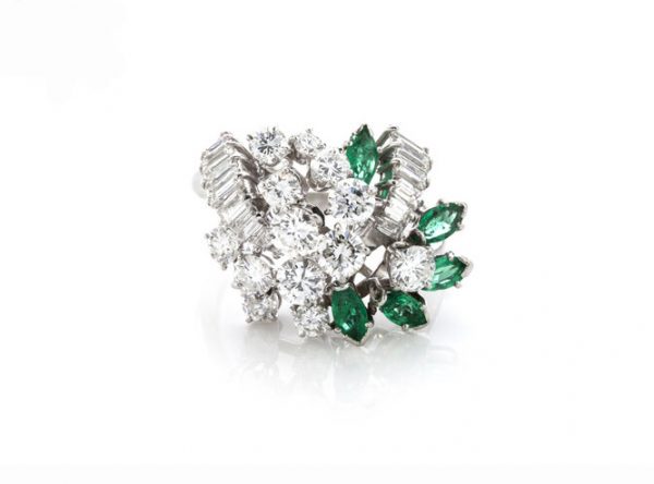 Vintage 1970s Abstract Diamond and Emerald Cluster Ring, 4cts baguette and brilliant diamonds, 1cts marquise-cut emeralds, 18ct white gold