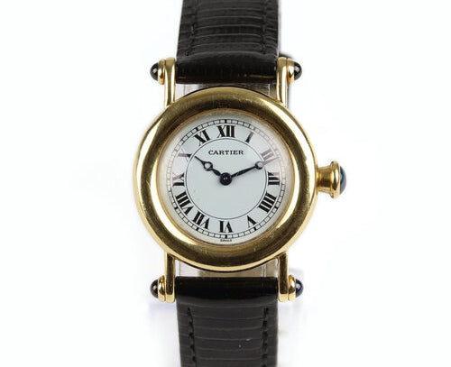 Cartier Diabolo 18ct Yellow Gold 27mm MidSize Ladies Quartz Watch, Ref 1440, white dial, Roman numerals, blue steel Breguet hands, blue cabochon gem set crown and lugs, black leather strap with plated buckle