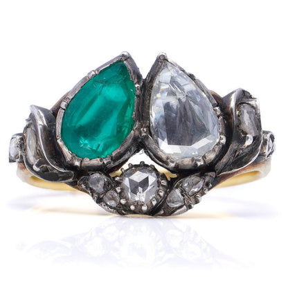 Georgian Antique 1ct Pear Cut Diamond and Emerald Two Stone Ring