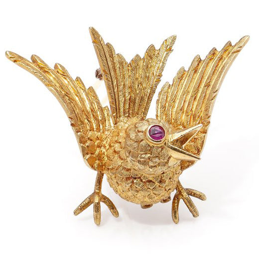 Vintage Hermes 18ct Yellow Gold Bird Brooch with Ruby Eye