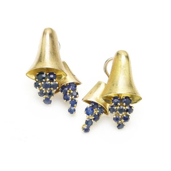 Mellerio 18ct Gold Bell Shaped Earrings with Sapphires; Mellerio Dits Melleri 18ct yellow gold bell earrings set with 1.40cts blue sapphires, post and clip fittings. Made in France, Paris, Circa 1940s