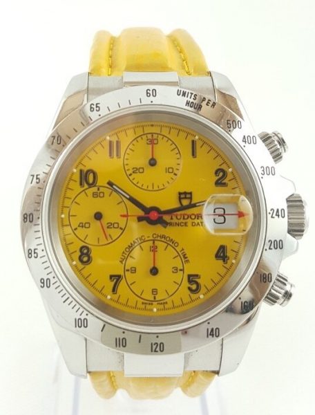 Tudor Prince Date 79280 Chronograph Automatic Wristwatch; 41mm stainless steel case with yellow dial, on a Tudor yellow leather strap, with Rolex Service Papers, Circa 2000s