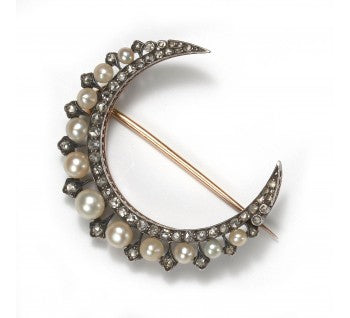 Antique Victorian Natural Pearl and Rose Cut Diamond Crescent Brooch; set with graduated natural pearls accented with rose cut diamonds, in silver-upon-gold, Circa 1890