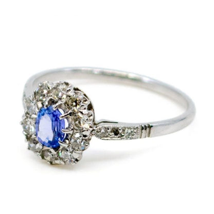 Antique Art Deco Sapphire and Old Mine Cut Diamond Ring, Platinum