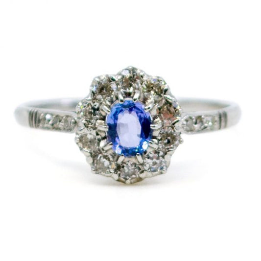 Antique Art Deco Sapphire and Old Mine Cut Diamond Ring, Platinum