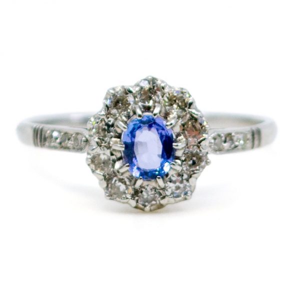 Antique Art Deco Sapphire and Old Mine Cut Diamond Ring, Platinum