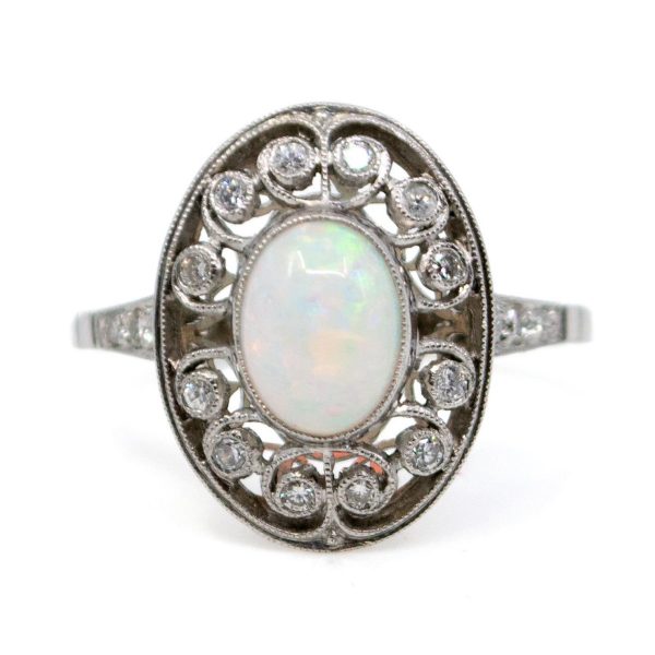 Vintage Opal and Diamond Ring, Platinum