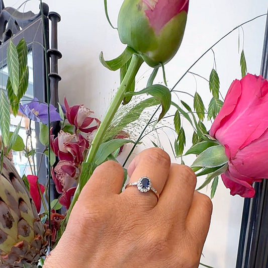 Vintage Diamond and Sapphire in Yellow gold and and  Platinum Cluster Engagement Ring