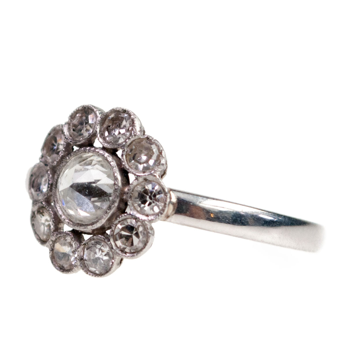 Art Deco Platinum Rose-Cut Diamond Cluster Ring, 0.90 Carat