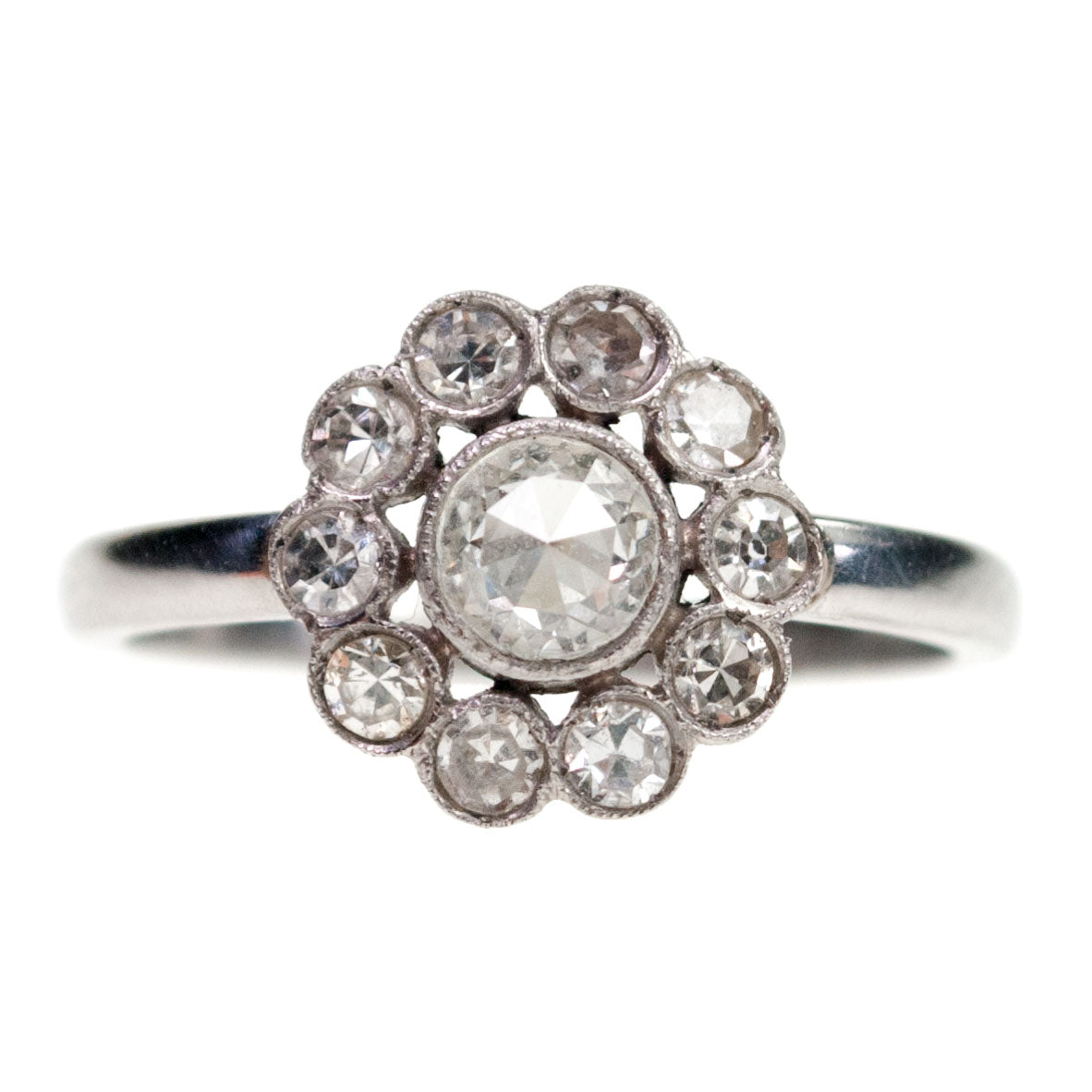 Art Deco Platinum Rose-Cut Diamond Cluster Ring, 0.90 Carat