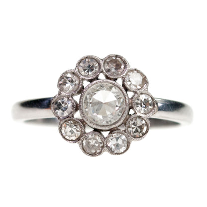 Art Deco Platinum Rose-Cut Diamond Cluster Ring, 0.90 Carat
