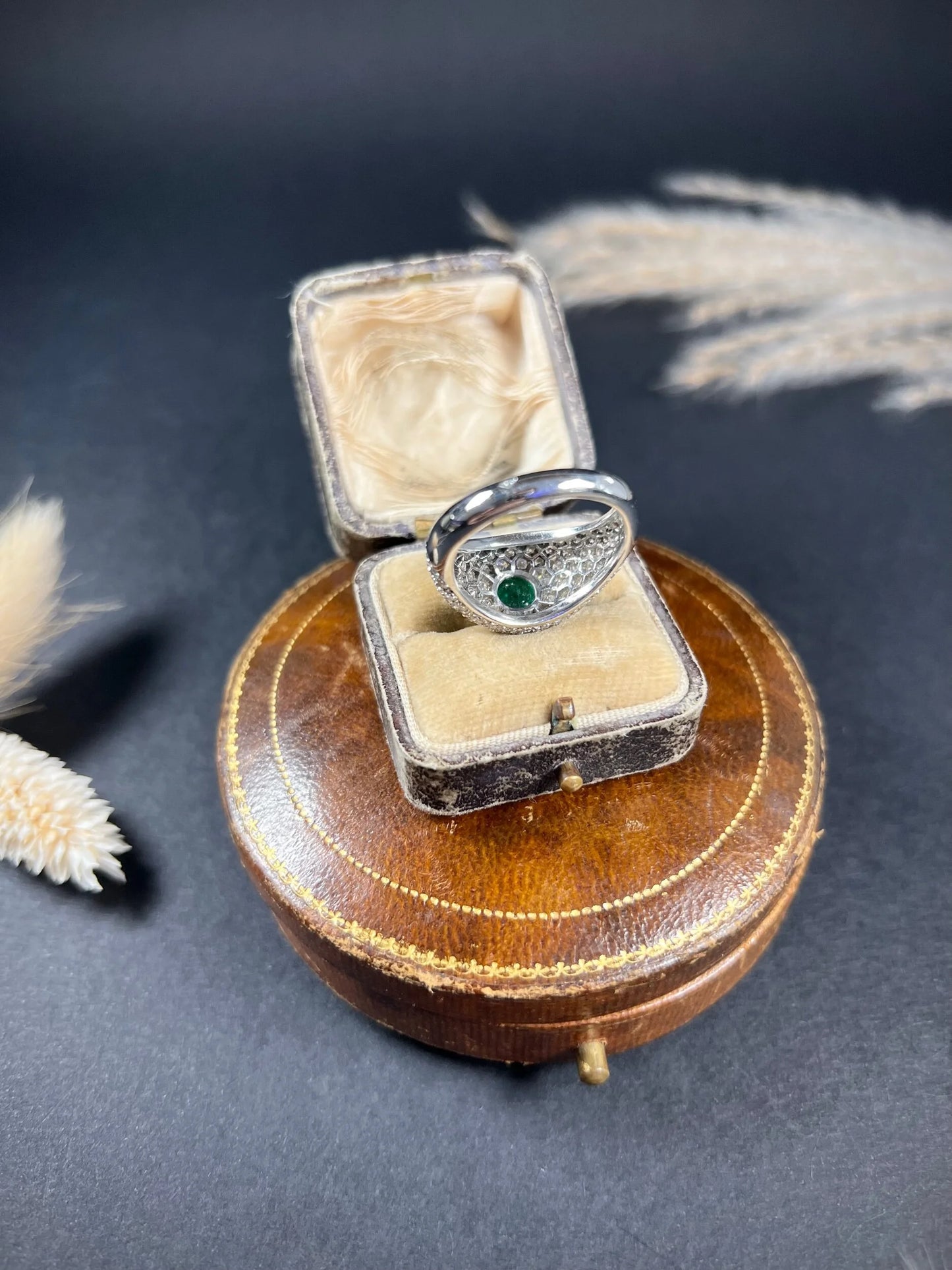 Vintage French Cabochon Emerald and Diamond Cluster Bombe Ring, Circa 1940s