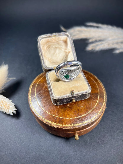 Vintage French Cabochon Emerald and Diamond Cluster Bombe Ring, Circa 1940s