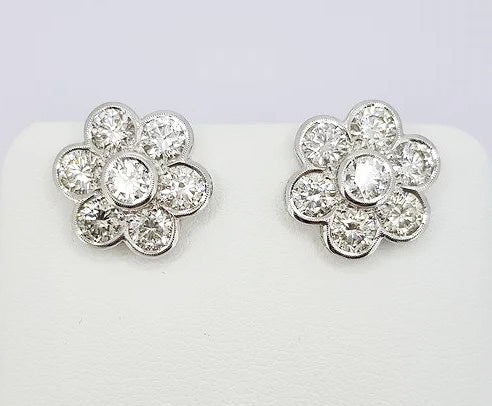 Daisy Diamond Cluster Stud Earrings, 3.00 carat total, mounted in 18ct white gold, with post and butterfly fittings.