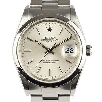 Rolex Oyster Perpetual Date 34mm Stainless Steel 15200 Automatic Watch with Silver Dial, on a stainless steel Oyster bracelet