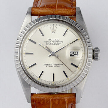 Vintage 1970s Gents Rolex Datejust 1603 Stainless Steel 36mm Automatic Watch; silver dial, date indicator, acrylic crystal and screwdown crown, on brown leather strap with Rolex pin buckle