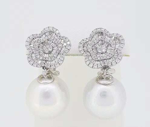 South Sea Pearl and Diamond Cluster Drop Earrings; 15.5mm South Sea pearls suspended from 1.76ct intricate diamond cluster, 18ct white gold