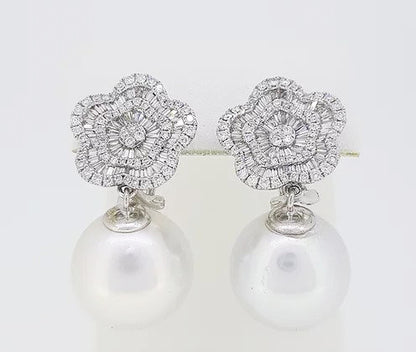 South Sea Pearl and Diamond Cluster Drop Earrings; 15.5mm South Sea pearls suspended from 1.76ct intricate diamond cluster, 18ct white gold