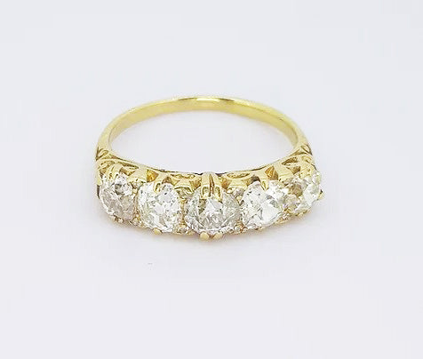 Antique Victorian 2.50ct Diamond Five Stone Ring in 18ct Gold; classic carved half-hoop ring set with five old-cut diamonds, Crafted from 18ct yellow gold