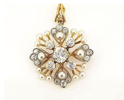Antique Natural Pearl and Old Cut Diamond Pendant Brooch; set in a floral starburst design, 18ct gold. Central diamond approx 1.00 carat.