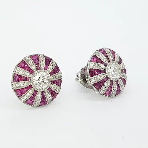 Ruby diamond and platinum cluster target stud earrings