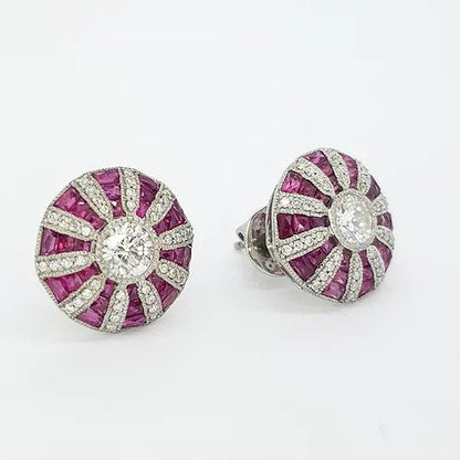 Ruby diamond and platinum cluster target stud earrings