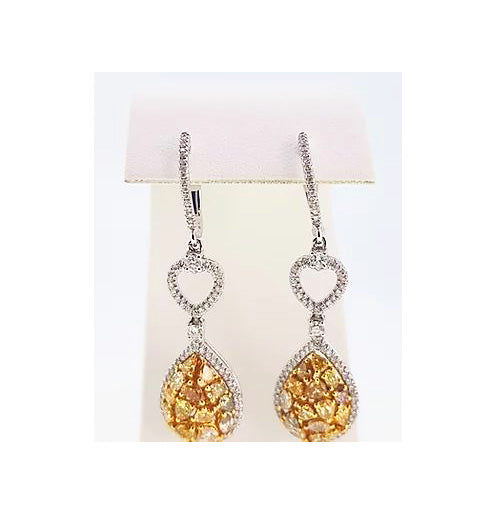 Contemporary Yellow and White Diamond Drop Earrings, 3.00cts; pear yellow diamond set drop, surrounded by white diamonds, heart accent, 18ct white gold.
