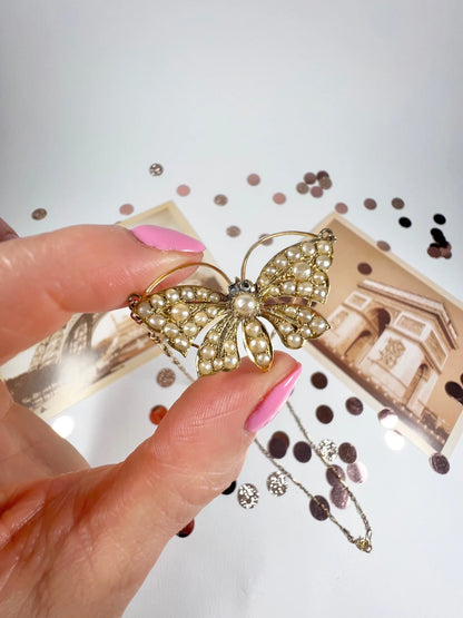 Antique 18 Carat Gold Victorian Butterfly Necklace Set With Pearls And Diamond Eyes