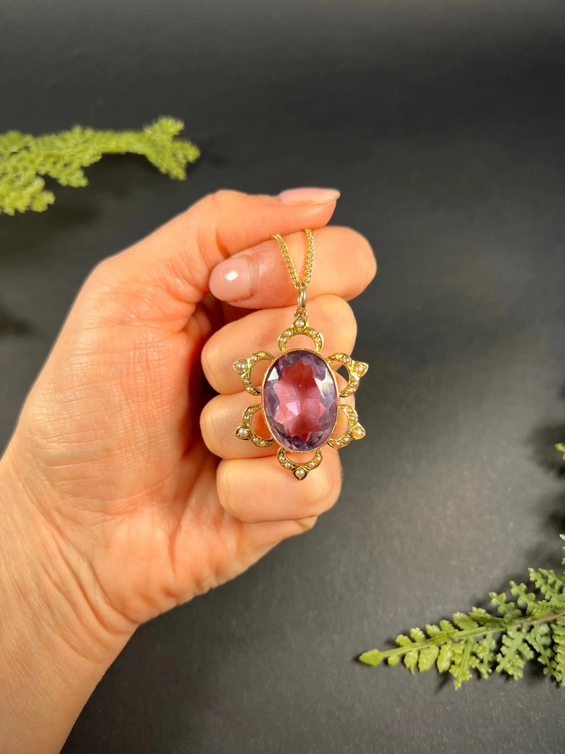 Antique 15 ct Yellow Gold, Edwardian Large Oval Faceted Amethyst And Seed Pearl Pendant