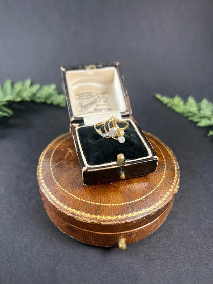 Art Nouveau 18 Carat Gold Old Cut Diamond and Natural Pearl Peacock Bird Ring