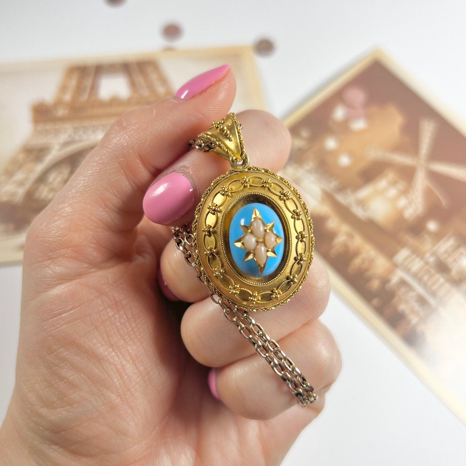 Early Victorian Antique 15ct Yellow Gold Locket Pendant with Turquoise Blue Enamel Centre and Star Set Natural Coral