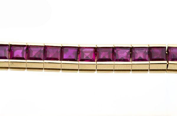 Vintage Princess Cut Natural Burmese Ruby Tennis Bracelet, 8.00 carat total, in 18ct Yellow Gold, Hallmarked CB750, Circa 1950-1970's