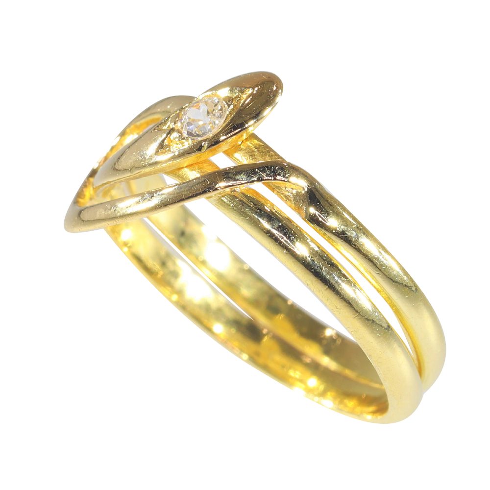 Late Victorian Antique Old Cut Diamond Set 18ct Yellow Gold Snake Ring, Circa 1900