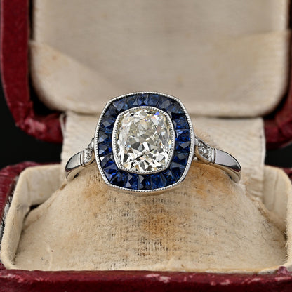 Vintage 2.10ct Old Mine Cut Diamond and Sapphire Target Cluster Engagement Ring in Platinum