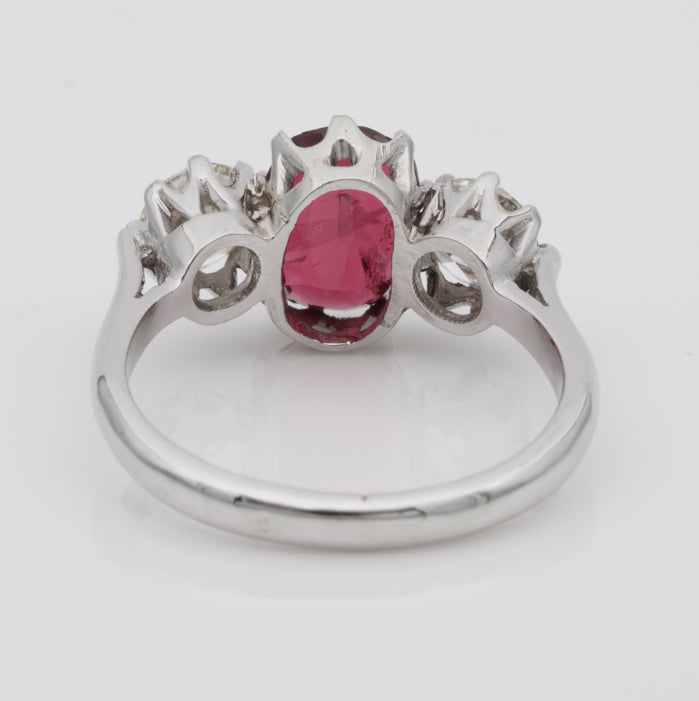 Vintage 1.90ct Natural Red Spinel and Diamond Trilogy Three Stone Engagement Ring in Platinum