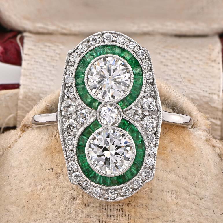 Edwardian Antique Diamond Two Stone and Emerald Cluster Plaque Ring