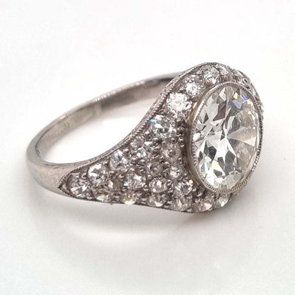 Art Deco 2.8ct Diamond Bombe Cluster Ring, 2.8ct old European transitional cut diamond in single-cut diamond encrusted domed surround in platinum
