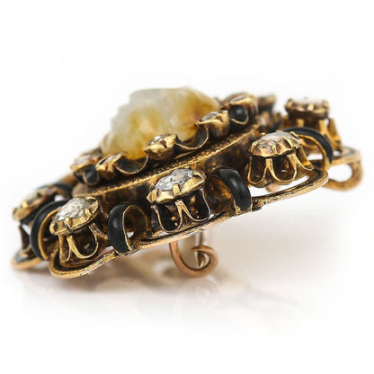 Antique Victorian Man in Moon Feldspar Diamond Enamel Brooch