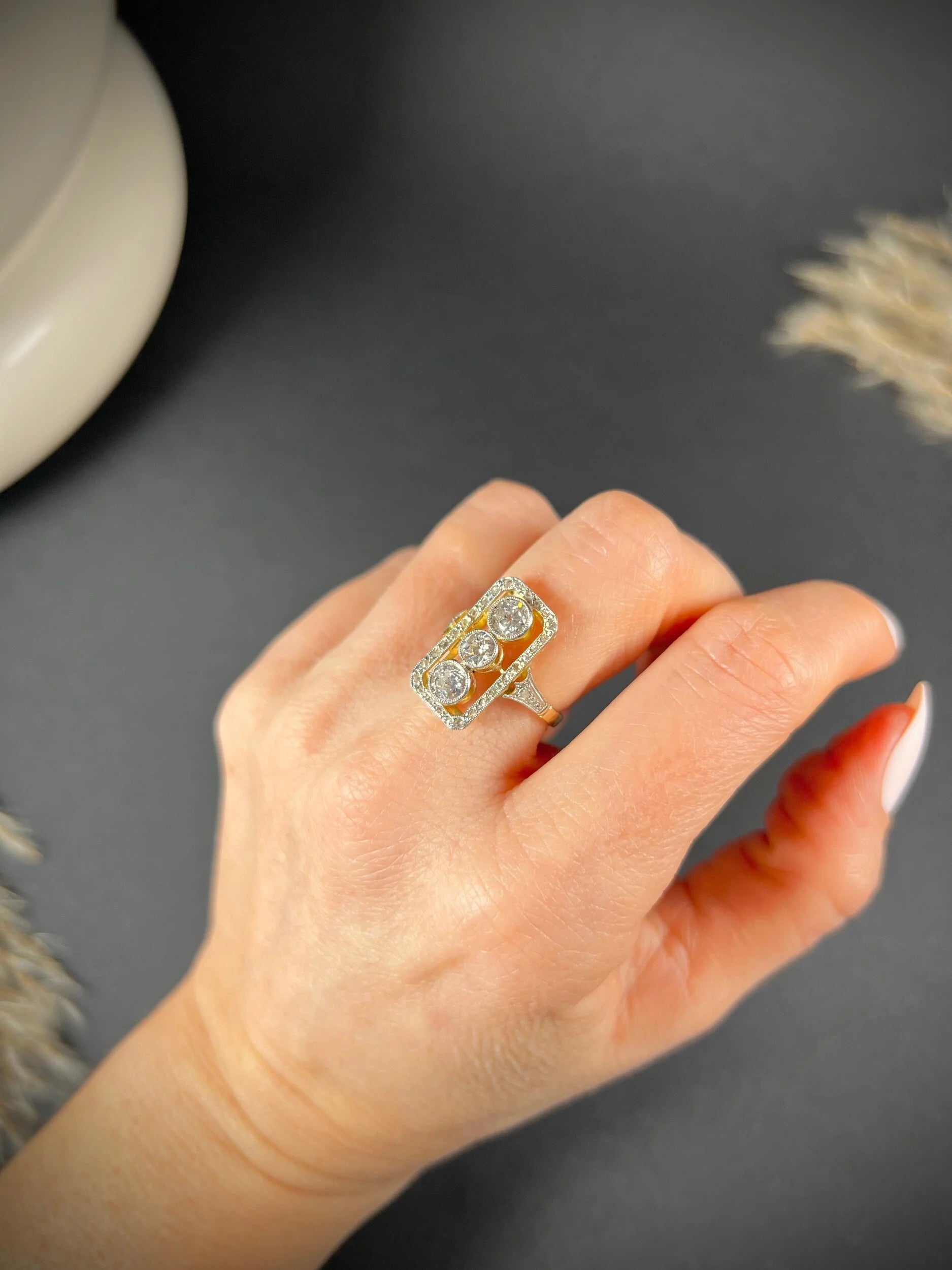 Antique 18 Carat Gold And Platinum Edwardian Rectangular Diamond Ring