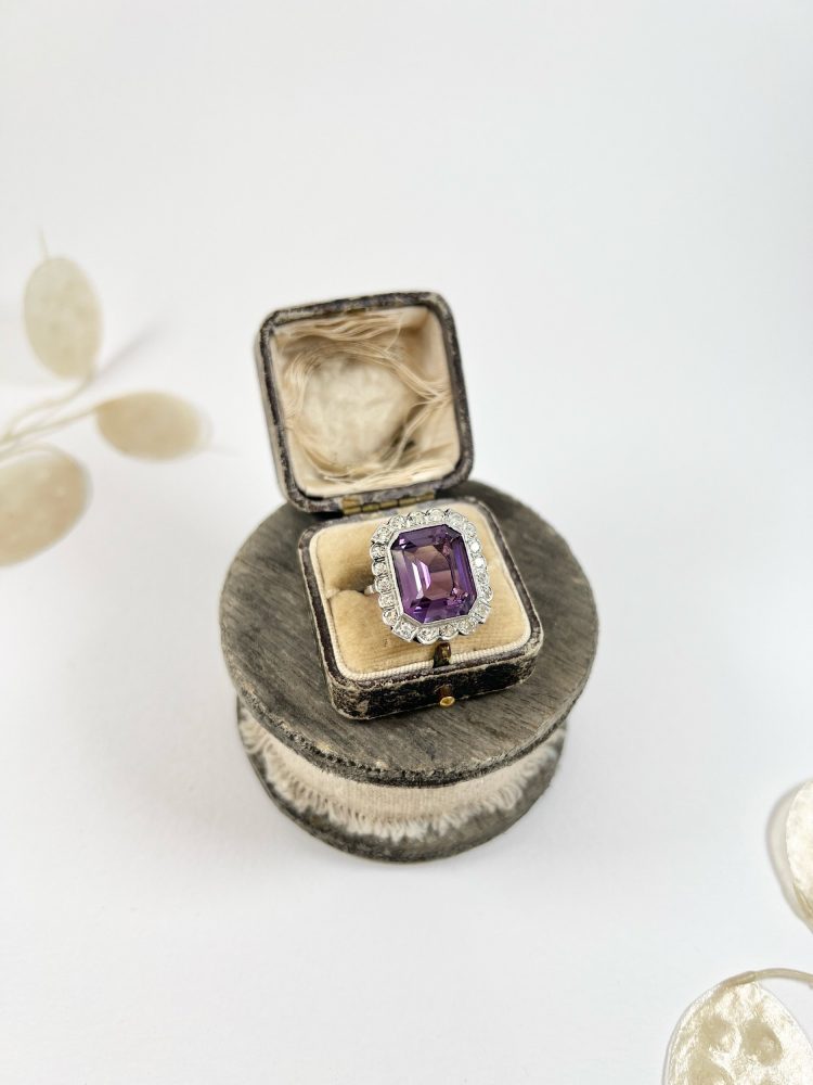 Antique 12 Carat Amethyst Cluster Halo Ring In 18 Carat White Gold And Platinum