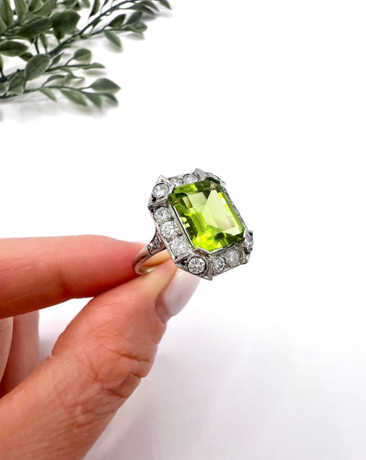 Antique 18ct White Gold & Platinum, 1920s Peridot and Diamond Rectangular Halo Cluster Ring