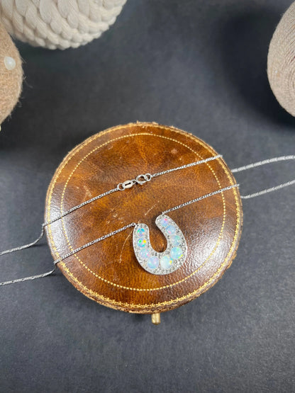 Victorian 18 Carat White Gold Opal and Diamond Lucky Horseshoe Pendant Necklace